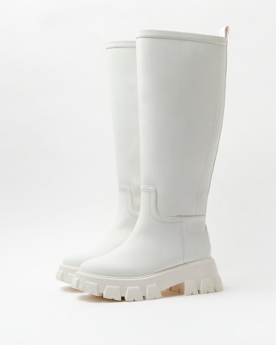 RIVER ISLAND WHITE KNEE HIGH RUBBER CHUNKY BOOTS ~ womens casual on-trend winter footwear