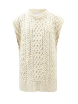 MR MITTENS Side-slit cable-knit cream wool sleeveless sweater ~ womens longline knitted vests - flipped