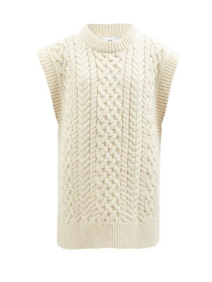 MR MITTENS Side-slit cable-knit cream wool sleeveless sweater ~ womens longline knitted vests