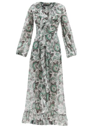 THE VAMPIRE’S WIFE The Devastator poppy-print cotton maxi dress ~ white and green floral occasion dresses ~ romantic ruffle trim event fashion ~ ruffled evening wear - flipped