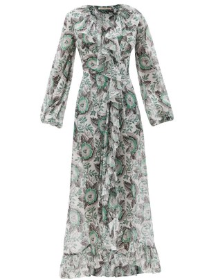 THE VAMPIRE’S WIFE The Devastator poppy-print cotton maxi dress ~ white and green floral occasion dresses ~ romantic ruffle trim event fashion ~ ruffled evening wear