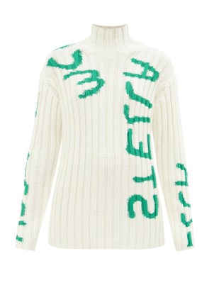 STELLA MCCARTNEY X Ed Curtis logo-intarsia wool-blend sweater in white / womens ribbed nit high neck sweaters / women’s designer jumpers - flipped