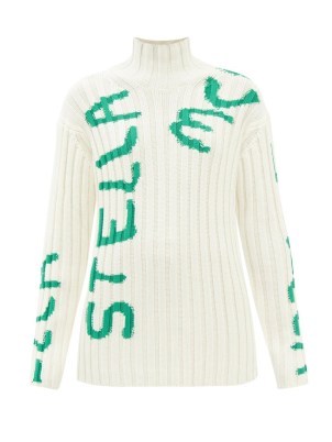 STELLA MCCARTNEY X Ed Curtis logo-intarsia wool-blend sweater in white / womens ribbed nit high neck sweaters / women’s designer jumpers
