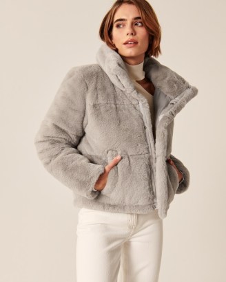 A&F Faux Fur Mini Puffer in Grey – luxe style jackets - flipped