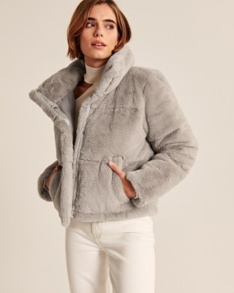 A&F Faux Fur Mini Puffer in Grey – luxe style jackets