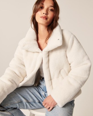 ABERCROMBIE & FITCH A&F Faux Mohair Mini Puffer in White – luxe style faux fur winter jackets - flipped