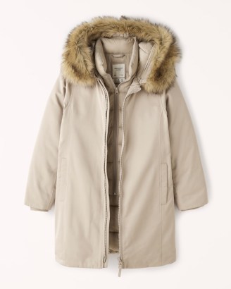 ABERCROMBIE & FITCH A&F Tech Parka ~ womens brown-tone faux fur hood parkas ~ women’s on-trend winter coats - flipped