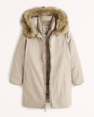 ABERCROMBIE & FITCH A&F Tech Parka ~ womens brown-tone faux fur hood parkas ~ women’s on-trend winter coats