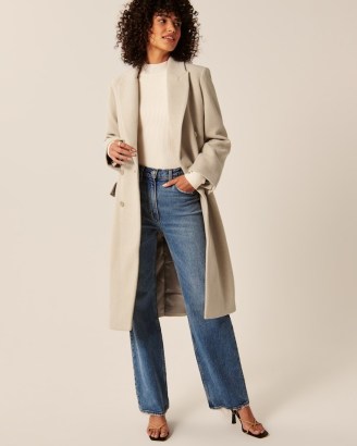 ABERCROMBIE & FITCH Double-Breasted Wool-Blend Dad Coat ~ cream longline midi coats ~ womens on-trend winter outerwear - flipped
