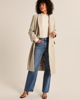 ABERCROMBIE & FITCH Double-Breasted Wool-Blend Dad Coat ~ cream longline midi coats ~ womens on-trend winter outerwear