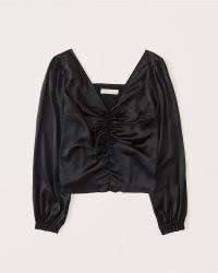 ABERCROMBIE & FITCH Long-Sleeve Cinched Front Satin Top ~ black ruched tops