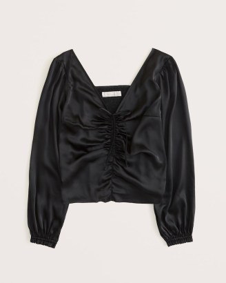 ABERCROMBIE & FITCH Long-Sleeve Cinched Front Satin Top ~ black ruched tops - flipped