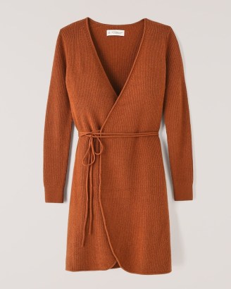 ABERCROMBIE & FITCH Long-Sleeve Wrap Mini Sweater Dress ~ soft knit cinnamon brown tie waist dresses - flipped