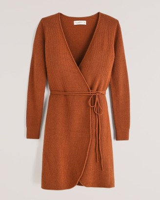 ABERCROMBIE & FITCH Long-Sleeve Wrap Mini Sweater Dress ~ soft knit cinnamon brown tie waist dresses