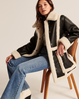 Abercrombie & Fitch Oversized Sherpa-Lined Vegan Leather Shearling Coat in Black ~ luxe style faux leather and faux fur winter coats