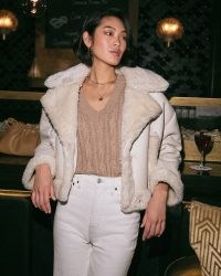 ABERCROMBIE & FITCH Oversized Short Sherpa-Lined Vegan Leather Shearling Coat in White ~ women’s luxe style short faux fur coats ~ womens on-trend winter jackets