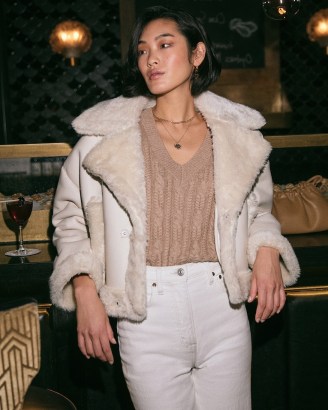 ABERCROMBIE & FITCH Oversized Short Sherpa-Lined Vegan Leather Shearling Coat in White ~ women’s luxe style short faux fur coats ~ womens on-trend winter jackets - flipped
