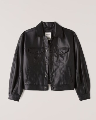 ABERCROMBIE & FITCH Relaxed Vegan Leather Trucker Jacket in Black – womens faux leather jackets - flipped
