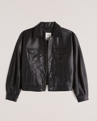ABERCROMBIE & FITCH Relaxed Vegan Leather Trucker Jacket in Black – womens faux leather jackets