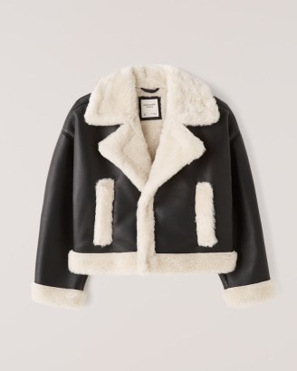 Abercrombie & Fitch Short Sherpa-Lined Vegan Leather Shearling Coat – faux fur winter coats - flipped