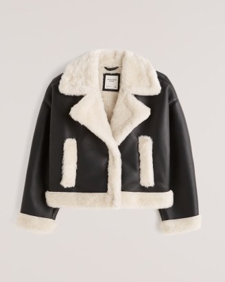 Abercrombie & Fitch Short Sherpa-Lined Vegan Leather Shearling Coat – faux fur winter coats