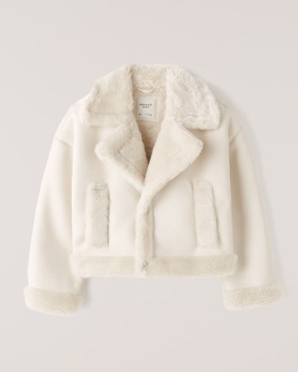 Abercrombie & Fitch Short Sherpa-Lined Vegan Leather Shearling Coat in White – luxe style jackets - flipped