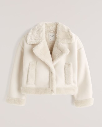 Abercrombie & Fitch Short Sherpa-Lined Vegan Leather Shearling Coat in White – luxe style jackets