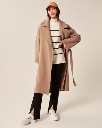 Abercrombie & Fitch Slouchy Belted Wool-Blend Dad Coat in Camel Brown ~ womens relaxed fit wrap style coats ~ womens neutral winter outerwear - flipped