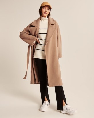 Abercrombie & Fitch Slouchy Belted Wool-Blend Dad Coat in Camel Brown ~ womens relaxed fit wrap style coats ~ womens neutral winter outerwear