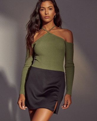 Abercrombie & Fitch Strappy Halter Sweater Bodysuit in Green – ribbed halterneck bodysuits
