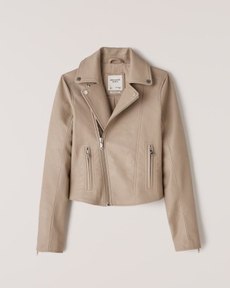 Abercrombie & Fitch Faux Leather Moto Jacket in Tan – women’s zip detail jackets - flipped