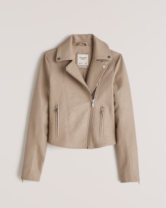 Abercrombie & Fitch Faux Leather Moto Jacket in Tan – women’s zip detail jackets