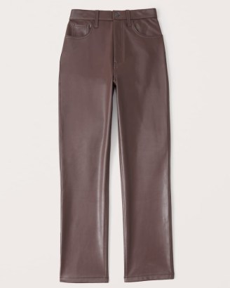 Abercrombie & Fitch Vegan Leather 90s Straight Pants in Dark Brown – womens high rise luxe style faux leather trousers