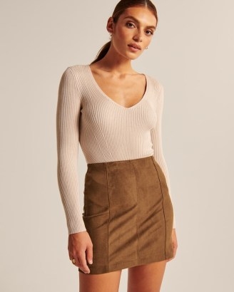 Abercrombie & Fitch Vegan Suede Mini Skirt in Brown / faux suede skirts - flipped