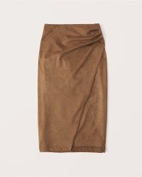 ABERCROMBIE & FITCH Vegan Suede Ruched Midi Skirt in Brown ~ gathered detail wrap style skirts ~ faux leather fashion