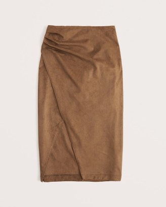 ABERCROMBIE & FITCH Vegan Suede Ruched Midi Skirt in Brown ~ gathered detail wrap style skirts ~ faux leather fashion - flipped