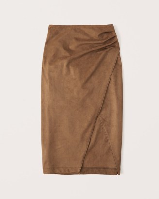 ABERCROMBIE & FITCH Vegan Suede Ruched Midi Skirt in Brown ~ gathered detail wrap style skirts ~ faux leather fashion