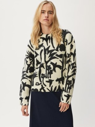 JIGSAW Woodland Shadow Jumper Cream / womens bird and animal print jumpers / women’s patterned crew neck sweaters - flipped