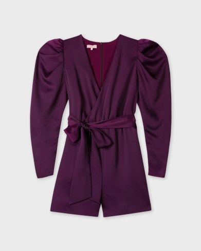 Ted Baker LIANNII Wrap Front Playsuit with Exaggerated Sleeve in Dark Purple | puff sleeve party playsuits - flipped