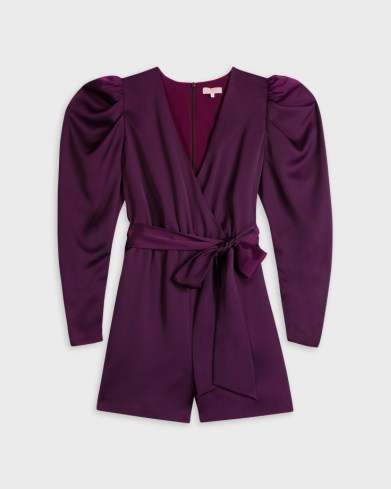 Ted Baker LIANNII Wrap Front Playsuit with Exaggerated Sleeve in Dark Purple | puff sleeve party playsuits