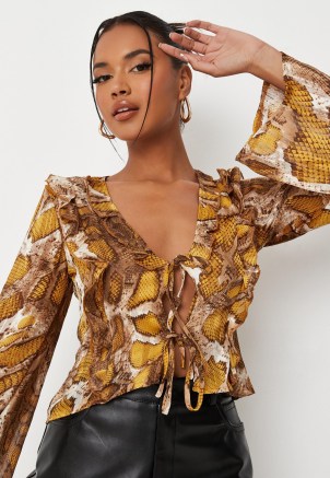 MISSGUIDED yellow snake print tie front chiffon blouse / floaty flared long sleeve ruffle trim blouses / animal print tops