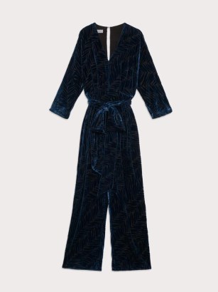 JIGSAW Zebra Devore Velvet Jumpsuit Blue – womens luxe party fashion – women’s glamorous evening occasion jumpsuits – animal burnout event wear - flipped