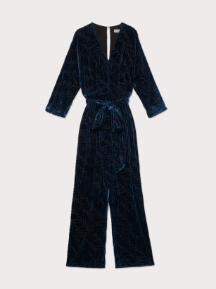 JIGSAW Zebra Devore Velvet Jumpsuit Blue – womens luxe party fashion – women’s glamorous evening occasion jumpsuits – animal burnout event wear