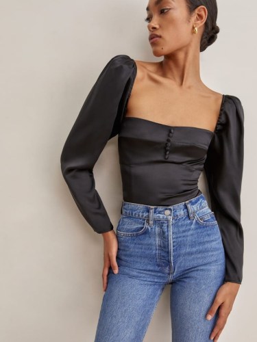 REFORMATION Abigale Top ~ black long sleeve fitted bodice tops - flipped