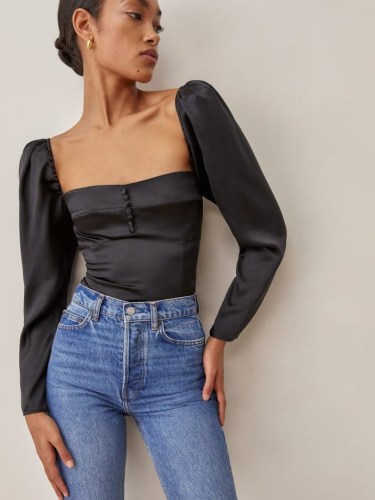 REFORMATION Abigale Top ~ black long sleeve fitted bodice tops