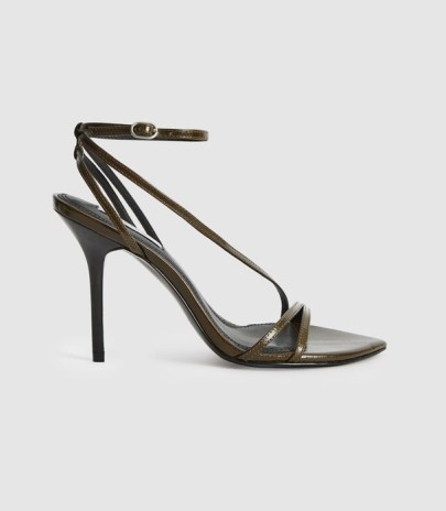 ADELA LEATHER STRAPPY SANDALS KHAKI – dark green skinny ankle strap stiletto heels - flipped