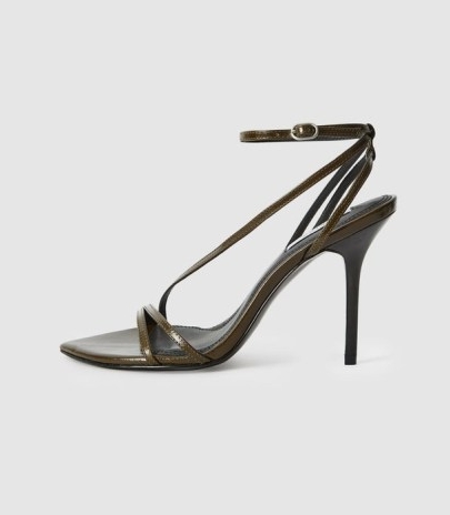 ADELA LEATHER STRAPPY SANDALS KHAKI – dark green skinny ankle strap stiletto heels