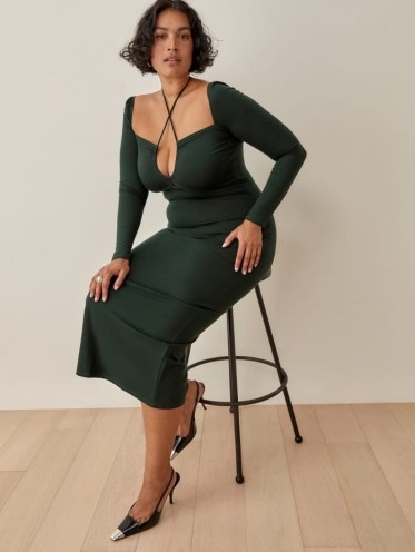REFORMATION Alexei Dress in Forest ~ beautiful green strappy halterneck dresses ~ front cut out detail halter neck fashion ~ womens stretch jersey fabric clothing - flipped