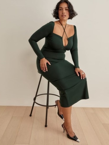 REFORMATION Alexei Dress in Forest ~ beautiful green strappy halterneck dresses ~ front cut out detail halter neck fashion ~ womens stretch jersey fabric clothing