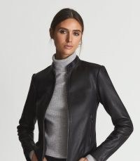 REISS ALLIE LEATHER COLLARLESS BIKER JACKET BLACK ~ womens cool casual jackets